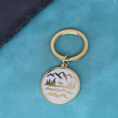 Fashion Medal Carved Mountain Charm Pendant Stainless Steel Key Ring