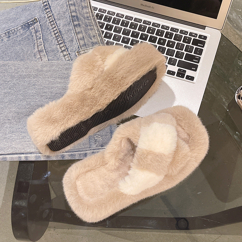 Color Matching Cross Fluffy Slippers Female Autumn And Winter