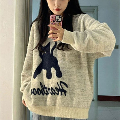 Women's Retro College Special-interest Design Cat Pattern Knitwear Sweater