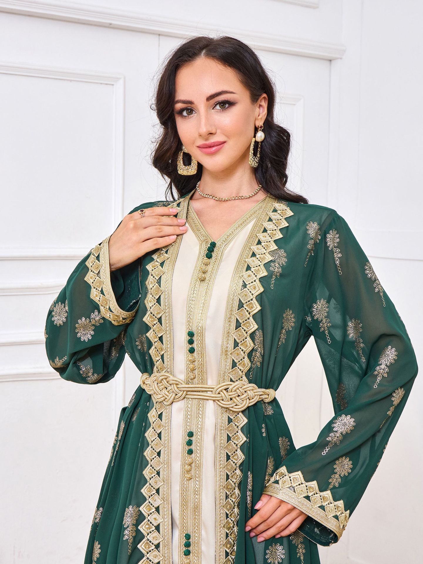 Women's Arabic Embroidered Cardigan Vest Two-piece Set Dress