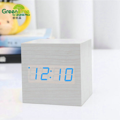 Minimalist Cube shaped sound-sensitive wooden digital clock with temperature display