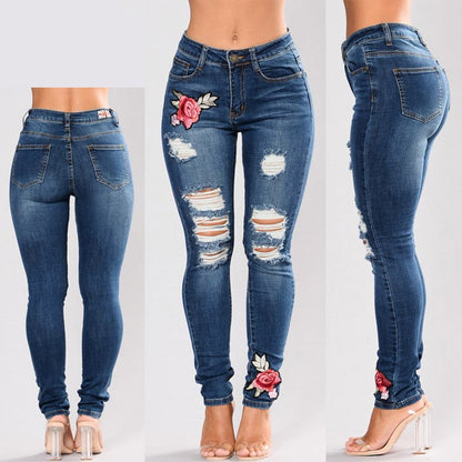Perforated embroidered high elastic jeans