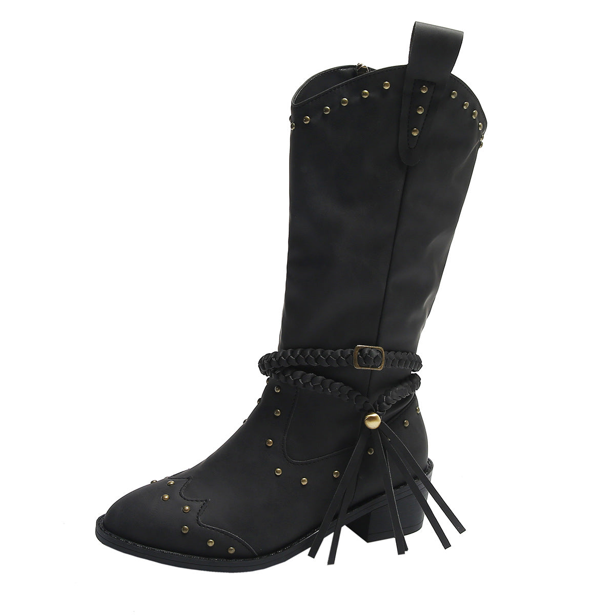 Retro Tassel Boots With Braided Rope Strap Buckle Design Shoes Winter Footwear New Mid-calf Knight Western Boots For Women