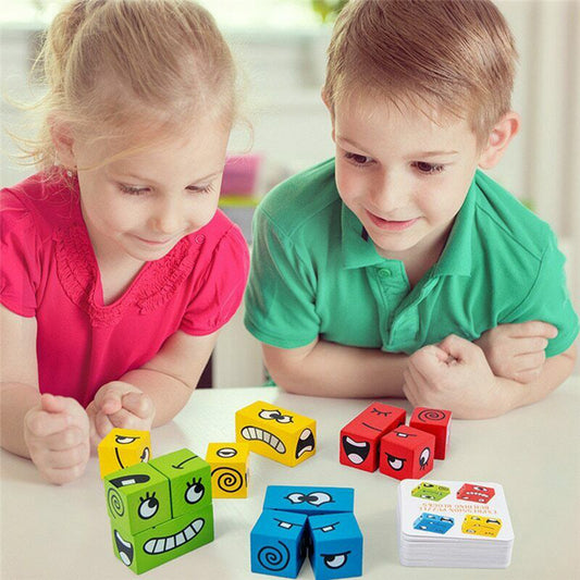 Wooden Expressions Toy Wooden Magic Cube Face Pattern Building Blocks Educational Montessori Toys Wooden Matching Block Puzzles