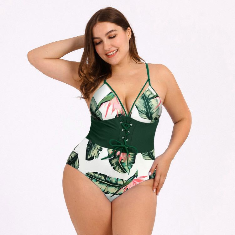 Women's Plus Size Bikini Printed Bouquet Waist