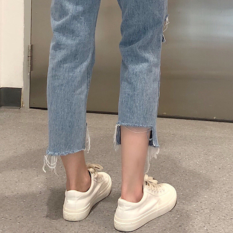 Ripped Jeans Washed Cropped Trousers