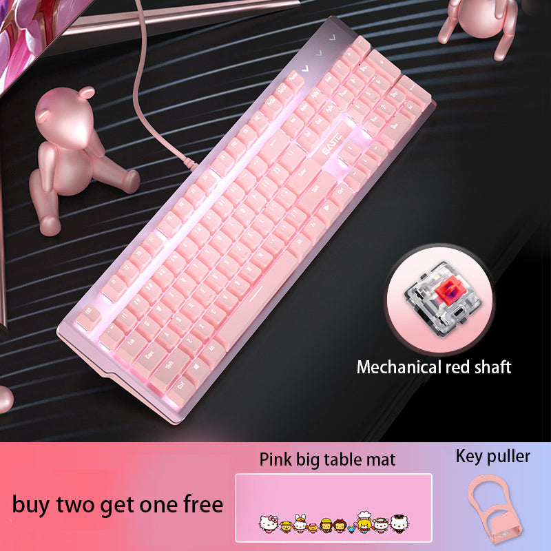 Pink Real Mechanical Keyboard And Mouse Set Girls Cute Gaming Games Dedicated Wired Green Axis Red Axis Girl Heart Luminous Wired Notebook