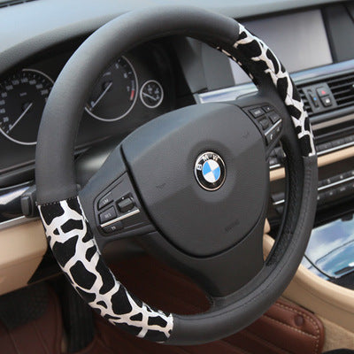 Lady Cute Leopard Print Fashion Leather Steering Wheel Cover, White Inner Ring