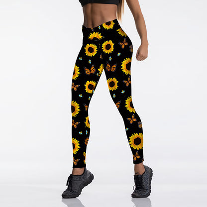 Sunflower Butterfly Print High Waist Sport Leggings, Women'S Breathable Push-Up Pants, Gym Clothing, Fitness, High Elasticity