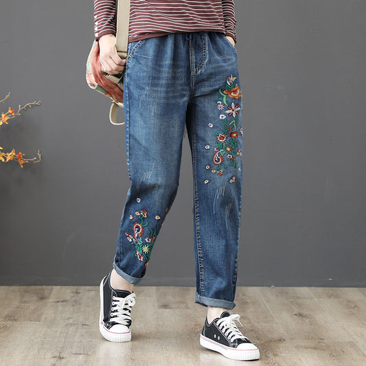 Embroidered Elastic Waist Wide Loose Jeans