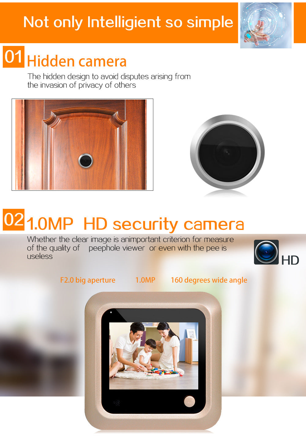 Hidden Smart Electronic Peephole Wired Anti-Theft Door Mirror Video Doorbell
