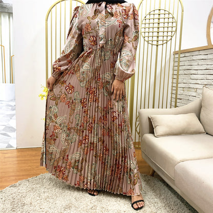 Muslim Dress With Printed Pleated Big Skirt