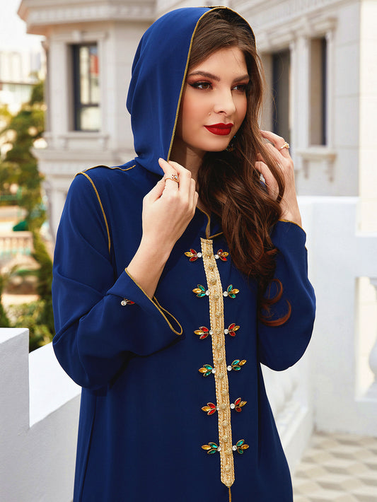 Navy Gold-rimmed Hand-sewn Diamond Hooded Robe ABAYA Muslim