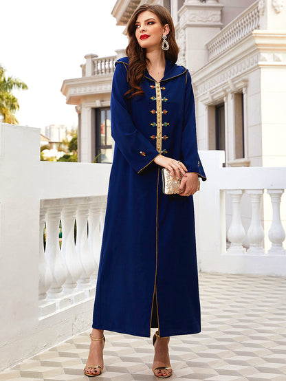 Navy Gold-rimmed Hand-sewn Diamond Hooded Robe ABAYA Muslim