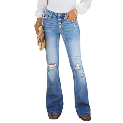 Autumn and winter micro-flare jeans straight-leg European and American women's ripped jeans