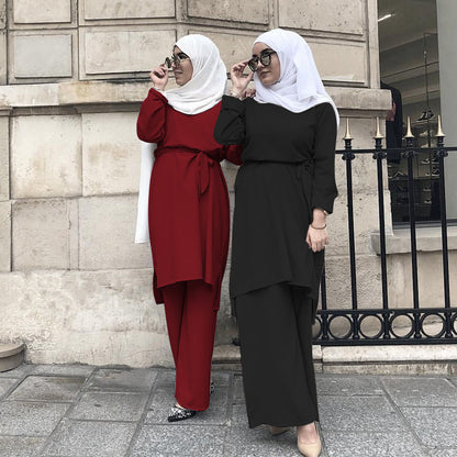 Fashion simple Muslim lace up dress