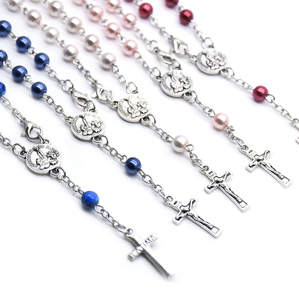 Boxed 6mm Pearl Rosary Bracelet Alloy Cross Bracelet Prayer Beads