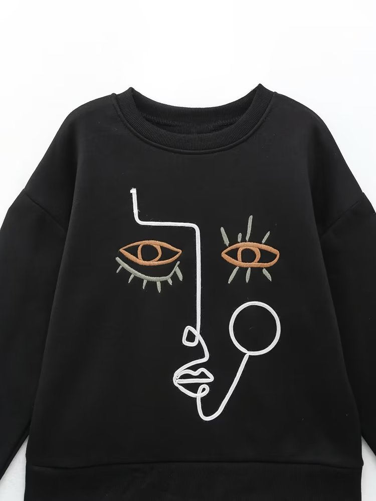 European And American Striped Facial Makeup Embroidered Pattern Loose Round Neck Sweater