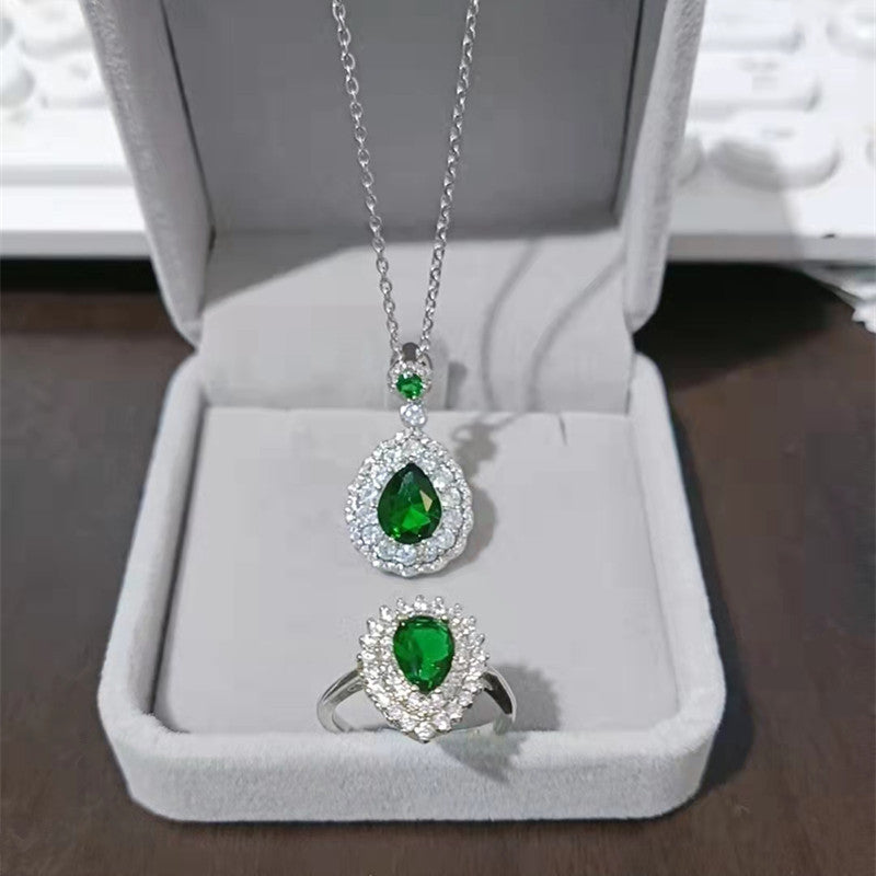 Ins Trendy Heart-shaped Emerald Water Drop Ring Full Diamond