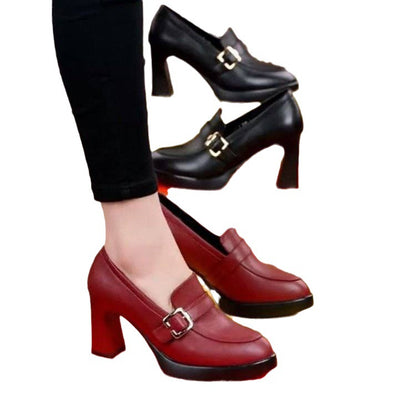 Thick Soled Thick Heels Fashion Shoes Deep Cut Women's Leather Shoes