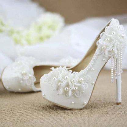 White Lace Flower High Heels Tassel Bridal Wedding Bridesmaid Shoes