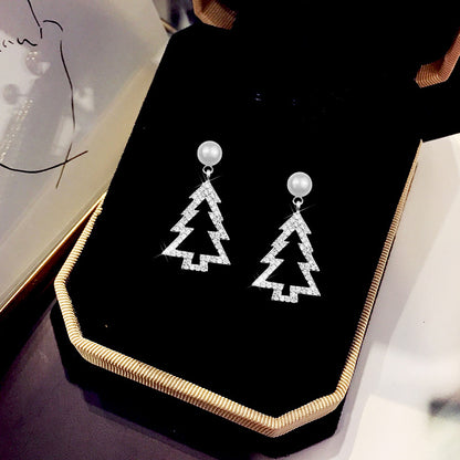 Diamond Christmas Tree Earrings Pearl Fashion Christmas