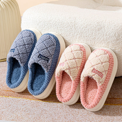 Thick-soled Non-slip Fluffy Slippers With Rhombus Pattern Design Couple Men's Cotton Shoes Indoor Floor Plaid Plush House Slippers Woman