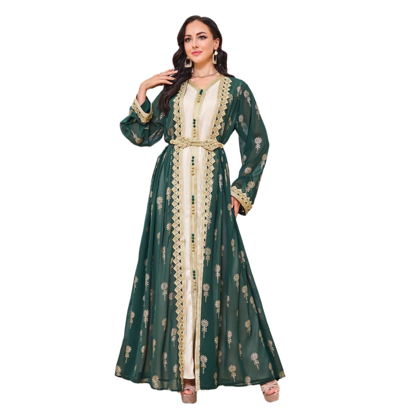 Women's Arabic Embroidered Cardigan Vest Two-piece Set Dress