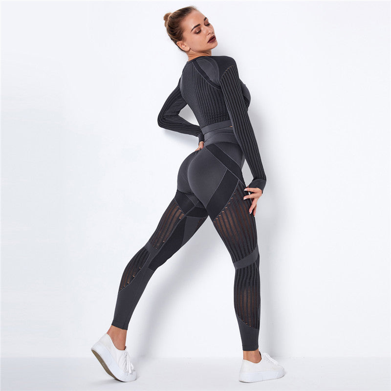 Yoga clothing suit striped hollow fitness two-piece suit