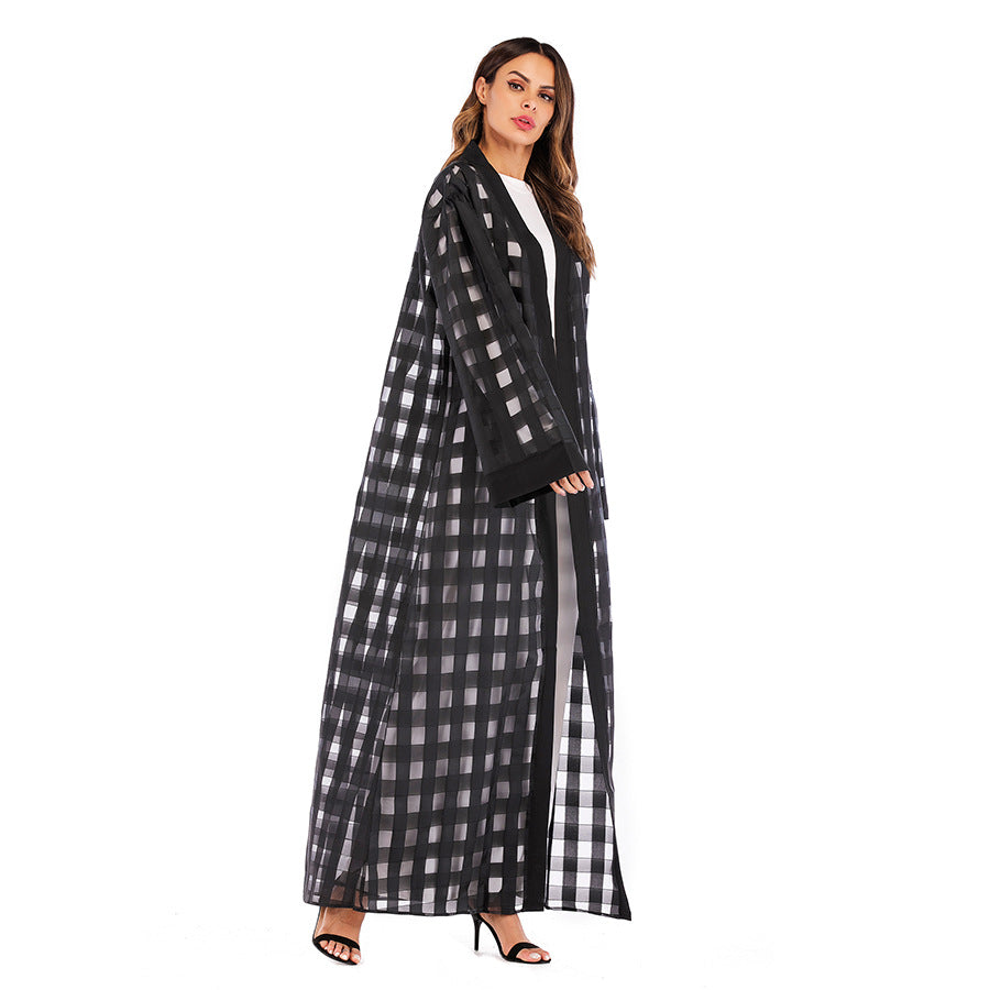 Muslim Plaid Loose Sleeved Lace Up Robe For Women