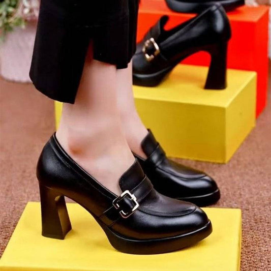 Thick Soled Thick Heels Fashion Shoes Deep Cut Women's Leather Shoes