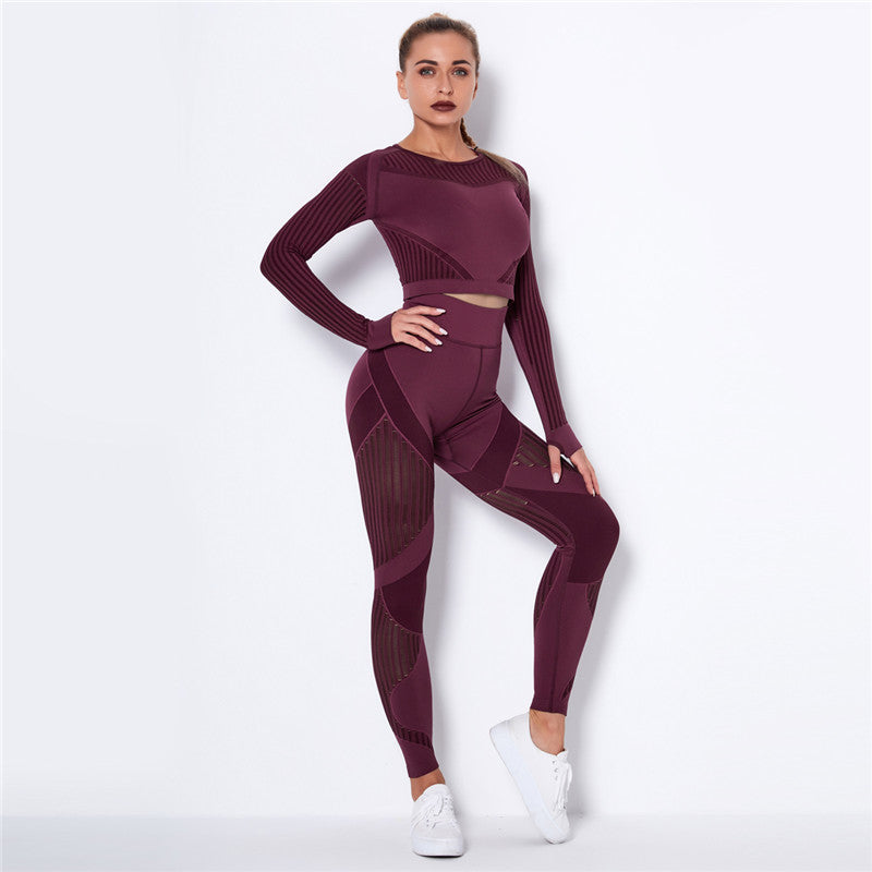 Yoga clothing suit striped hollow fitness two-piece suit