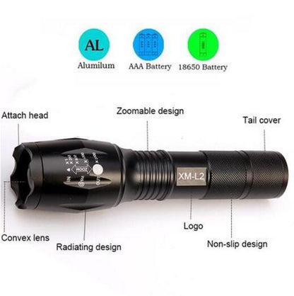 led Zoom Flashlight Torch Tactical 5000 Lumens Led High Power Flashlights AAA or 18650 battery kit