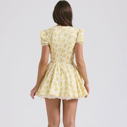 V-neck Puff Sleeve Dress Yellow Flowers Print French Style Sweet Pleated Dresses Womens Clothing