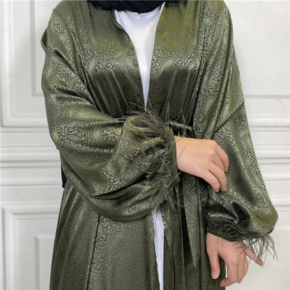 Muslim Clothing Printed Satin Long Sleeve Feather Cardigan