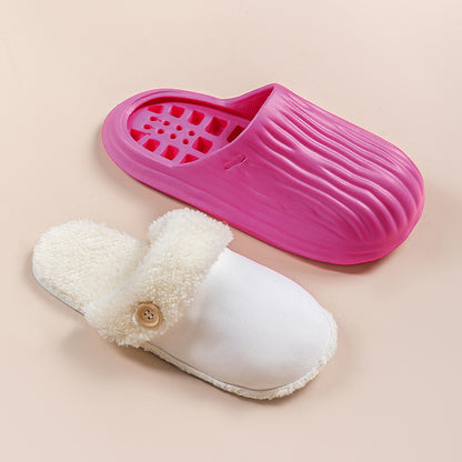 New Detachable House Slippers Winter Warm Waterproof Removable Fluffy Slippers With Button Design Non-slip Plush Shoes For Women Men