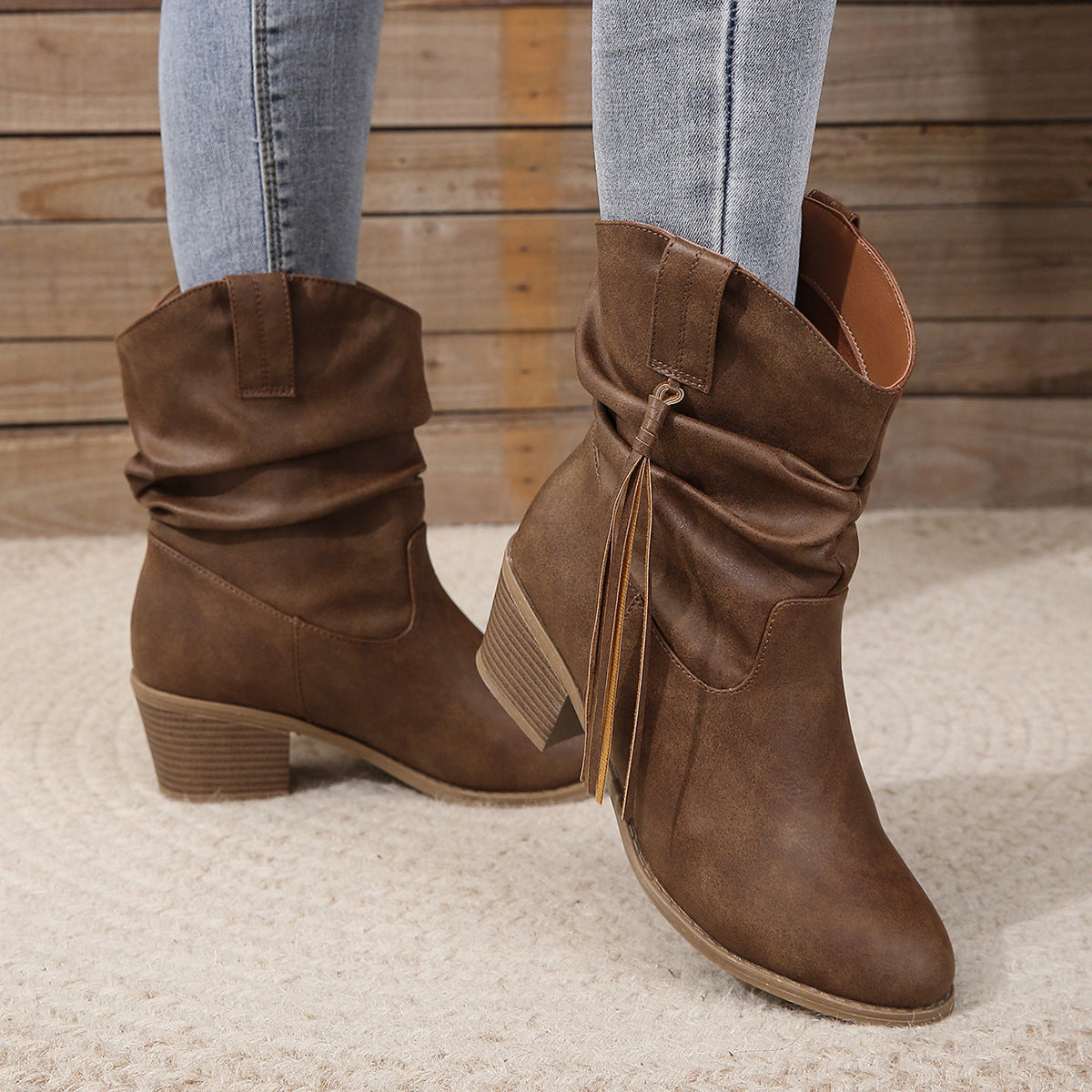 Retro Tassel Boots Winter Thick Square Heel Mid-calf Knight Western Boots Woman Fashion Shoes