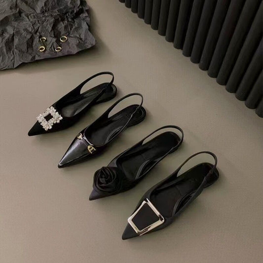 French Flat Black Baotou Summer Pointed Toe Rhinestone Classy Shoes