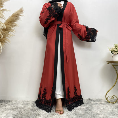 Muslim Fashion Lace Patchwork Loose Cardigan Robe For Women