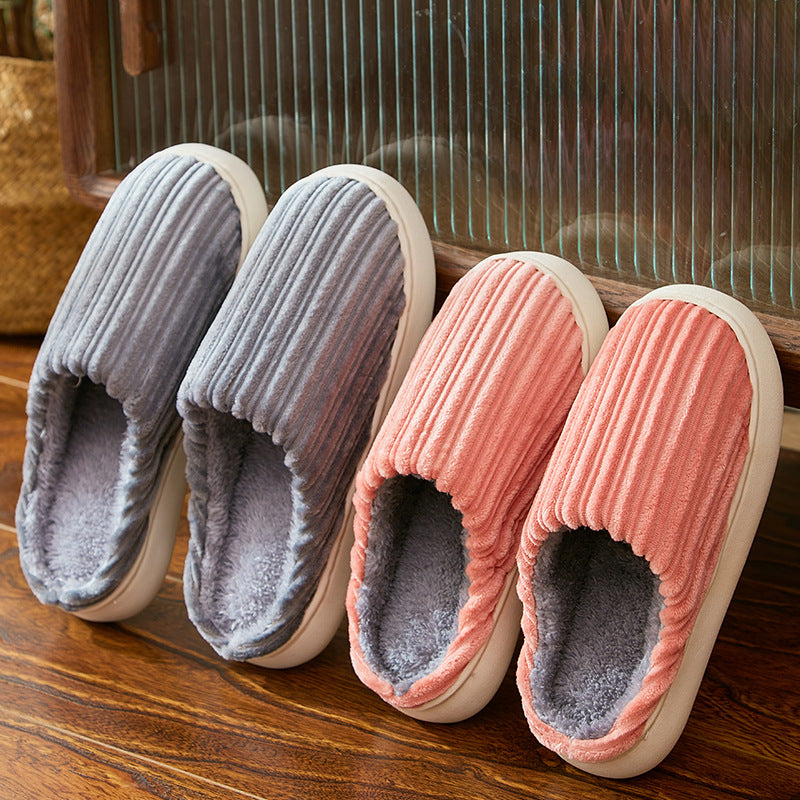 Fashion Corduroy Stripe Slippers For Women Warm Winter House Shoes Indoor Floor Bedroom Solid Color Non-slip Plush Slippers