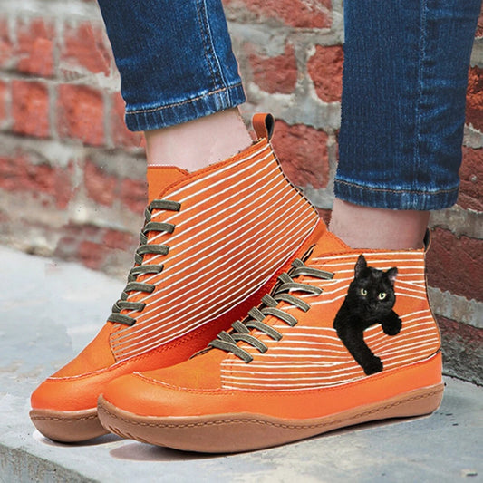 Cat Print Round Toe Ankle Boots Lace Up Casual Flat Shoes Autumn And Winter Fashion Women's Boots Footwear