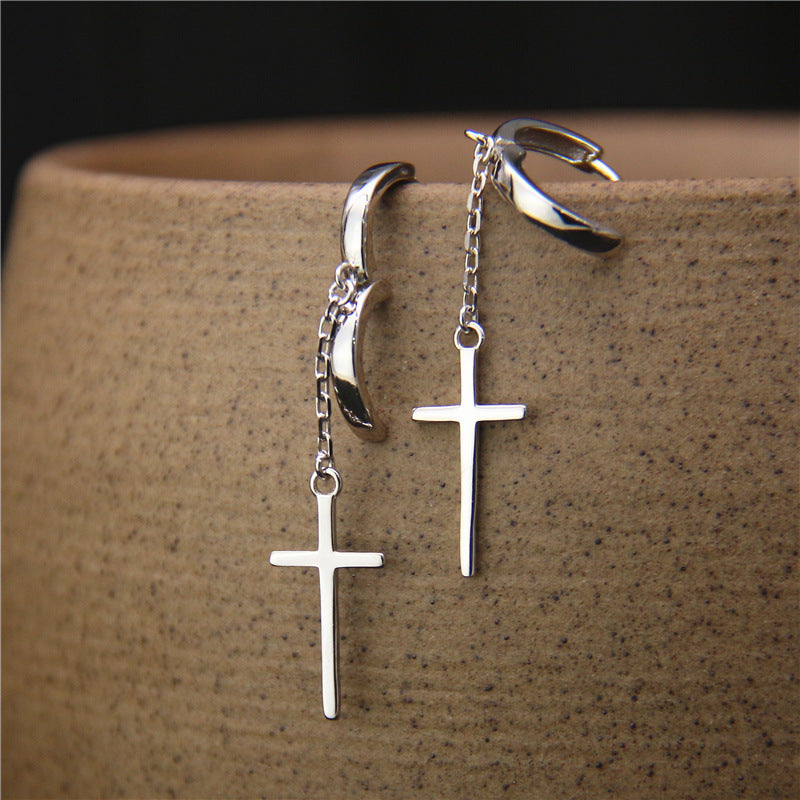 Women's Sterling Silver Simple Cross Earrings