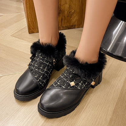 Round Toe Thick Square Heel Elegant Boots With Cute Bow Side Zipper Plus Velvet Ankle Boots Winter Warm Plush Shoes For Women