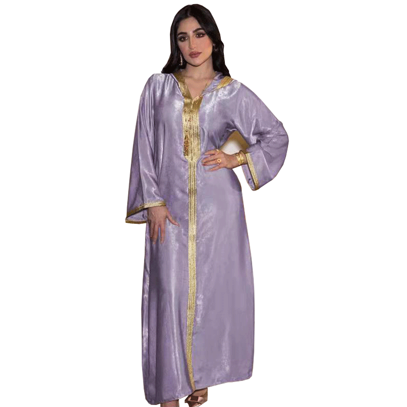 Cross-border Middle East Dubai Champagne Hooded Lace Suede Gown Muslim Robe Women In Stock