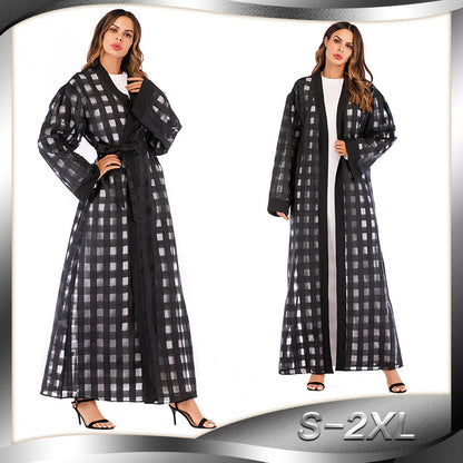 Muslim Plaid Loose Sleeved Lace Up Robe For Women