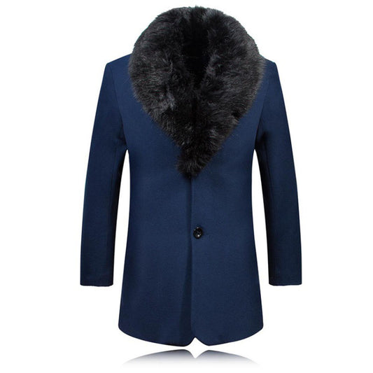 Men's Woolen Solid Color Plus Velvet Large Fur Collar Warm Windbreaker