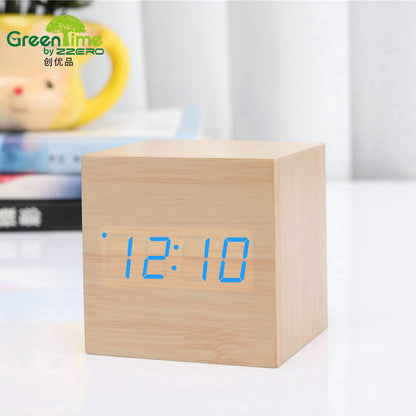 Minimalist Cube shaped sound-sensitive wooden digital clock with temperature display