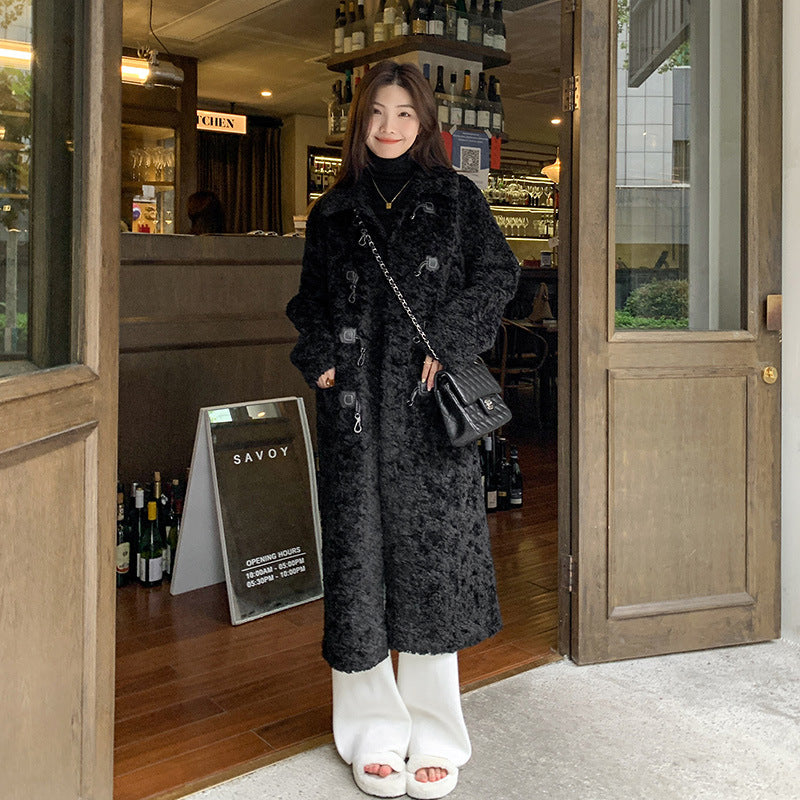 Women's Fashion Casual Horn Button Loose Fur Below-the-knee Coat