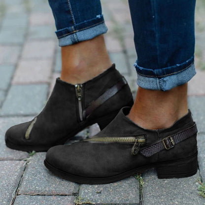 Retro Ankle Boots With Side Zipper Belt Buckle Design Round Toe Low Heel Boot Female Winter Autumn Fashion Women's Shoes