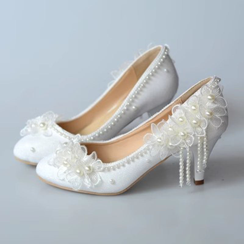 White Lace Flower High Heels Tassel Bridal Wedding Bridesmaid Shoes